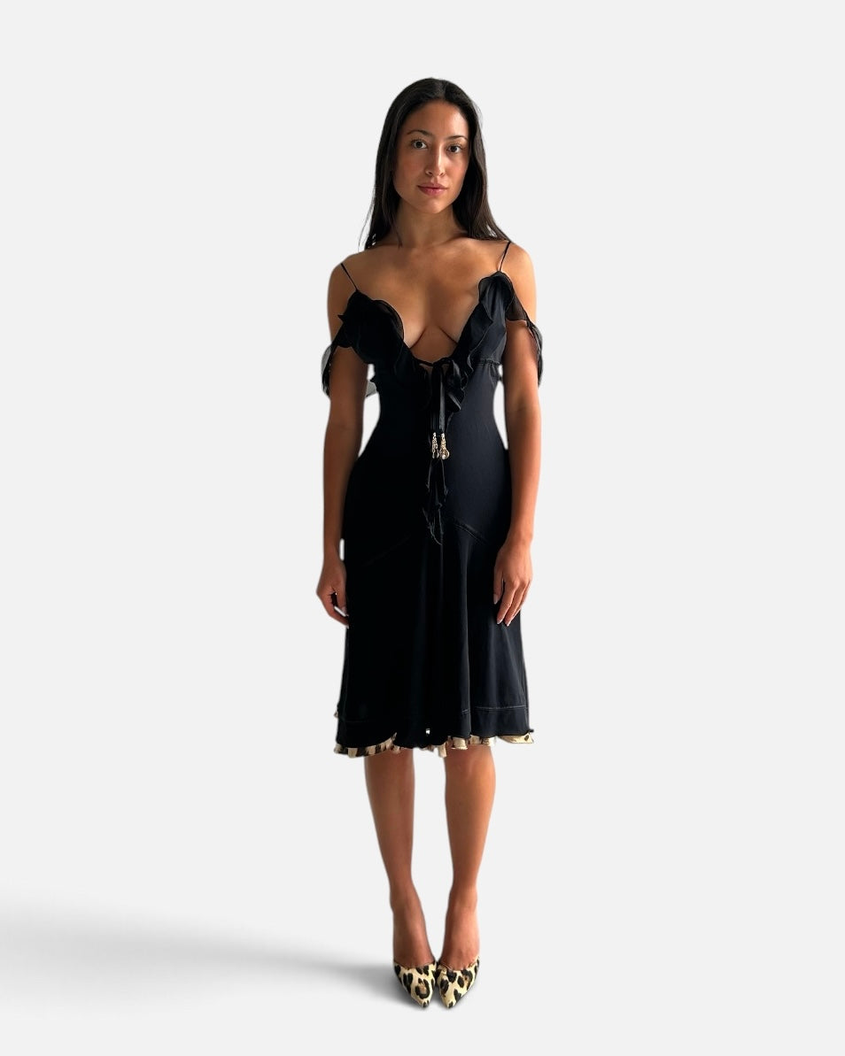 SS 2004 Roberto Cavalli Black Silk Midi Dress